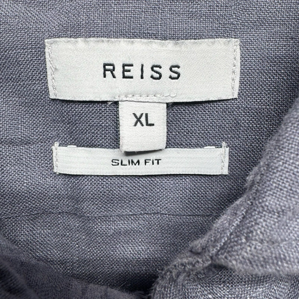 Camisa Reiss XL Acero Azul Lino Manga Corta Abotonada Vacaciones Clásica Foto 3 de 4