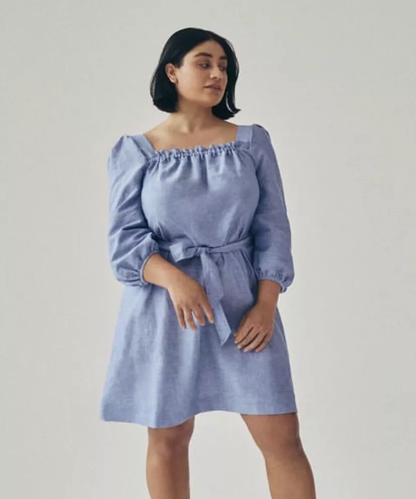 Sussan light blue linen dress 16 18 XL square neck puffy sleeves