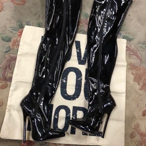 10 schwarze Lack Overknee Stiefel 6,5" Stilettoabsatz Schnürung kantig gewagt Fetisch - Bild 3 von 6