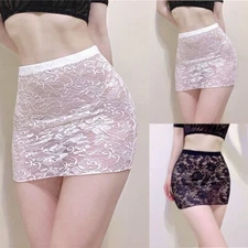 US Womens Lace See Through High Waisted Pencil Skirt Wet Look Bodycon Mini Dress