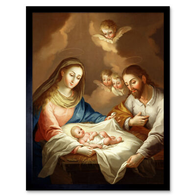 Campeche Jordan The Nativity Biblical Jesus Angels Painting Print Framed 12x16