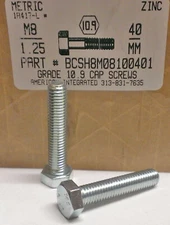 M8-1.25X40MM HEX HEAD CAP SCREWS GRADE 10.9 STEEL ZINC PLATED (10)
