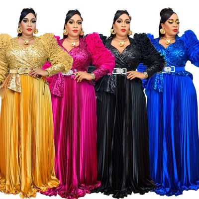 African Party Long Dress Abaya Women Sequin Evening Gowns Robe Pleated Clothing