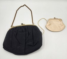 Vtg Black Evening Bag Kisslock Closure Gold Chain Attached White Coin Purse
