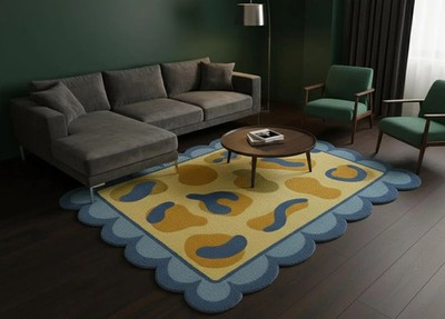 Hand Tufted Wool Rug, Scallop Edge, Modern Blue Yellow Carpet