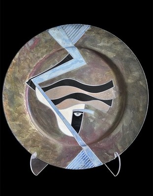 Kurt McCracken 27  Huge Raku Art Pottery Charger Plate Abstract Face w/ Stand