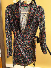 Farm Rio Women's XS Black Floral Long Sleeve V-Neck Wrap Tie Short Dress