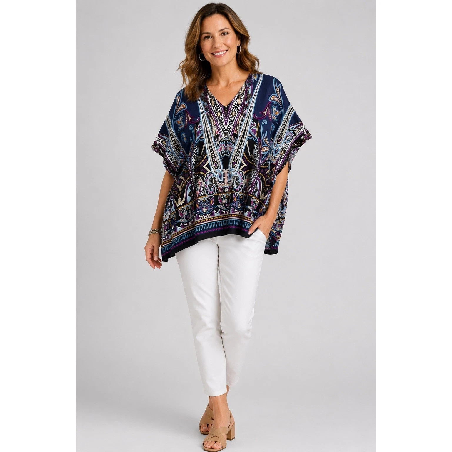 Chico's Paisley Knit Poncho Top Women L/XL Navy Blue Multi Boho Kaftan 570220219