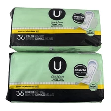 Lot of 2 - 36ct U by Kotex Ultra Thin Pads with Wings Regular Clean & Secure