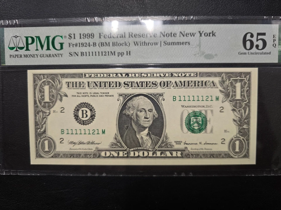 Special Serial number (B11111121M) 1999 $1 Federal Reserve Note PMG  GEM 65 EPQ - Image 3 of 4