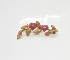 Pink Double Heart Leaf Brooch Pin Gold Tone 1.5"