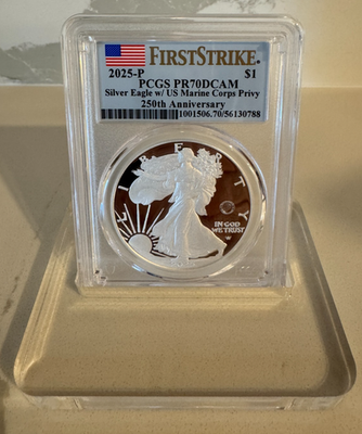 #ad 2025 P $1 American Silver Eagle 250th Marine Corps Privy PCGS PR70 First Strike $474.99