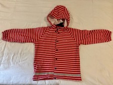 Polarn O. Pyret size 6-8/122-128 Red Striped Waterproof Jacket with Hood