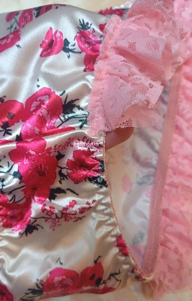 Girly Floral Glossy Satin Ruffle Panties Knickers Full Bum Sissy CD TV L 12-14 - Image 4 of 4