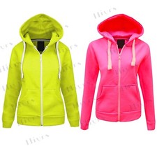 Womens PLAIN FLUORESCENT NEON HOODIE Zipper Active Bike Gear Fleece Bright 8-18