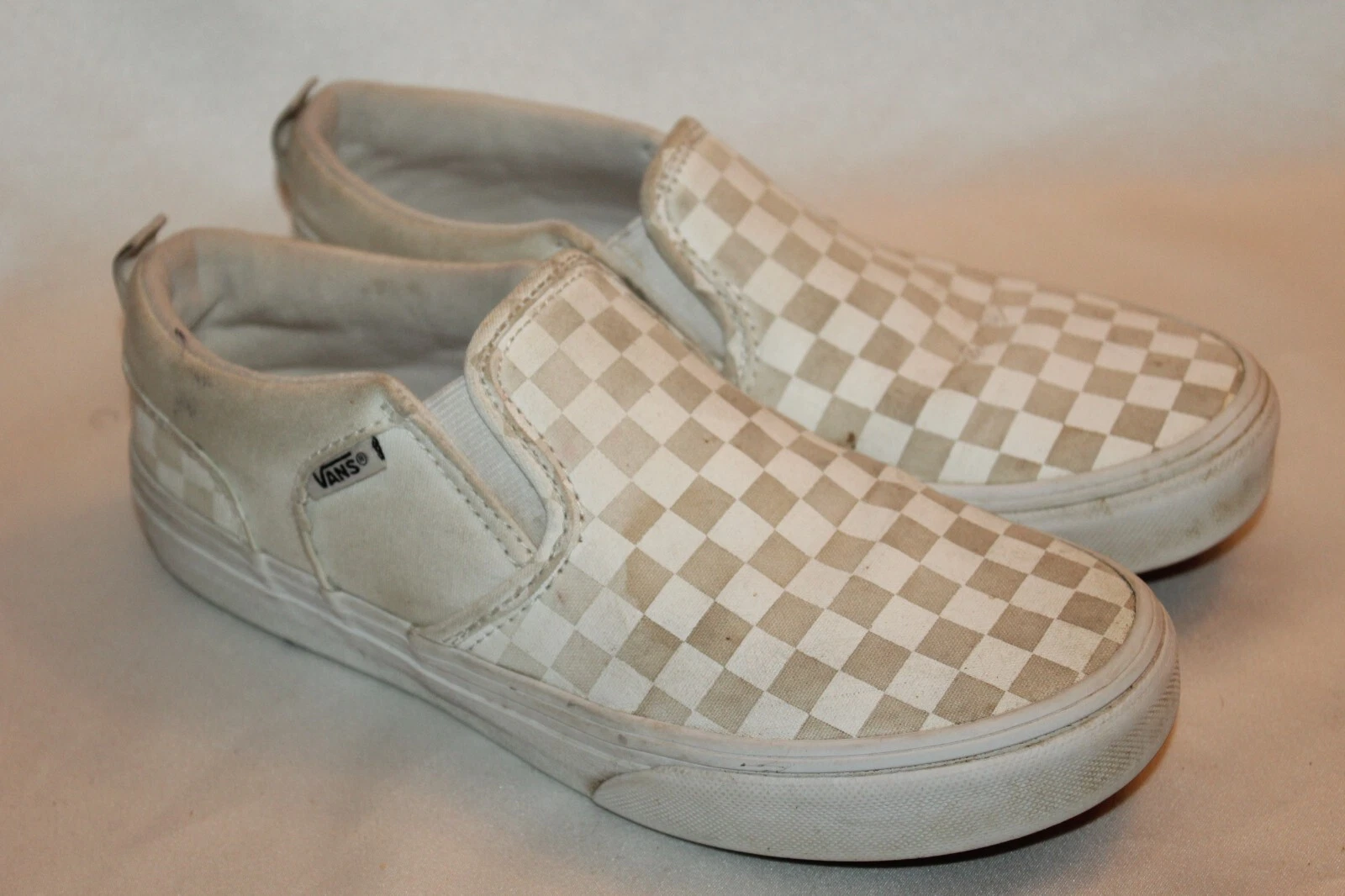 Sneakers skateboard slip on da ragazza VANS bianche beige con scacchiera tela taglia Y4