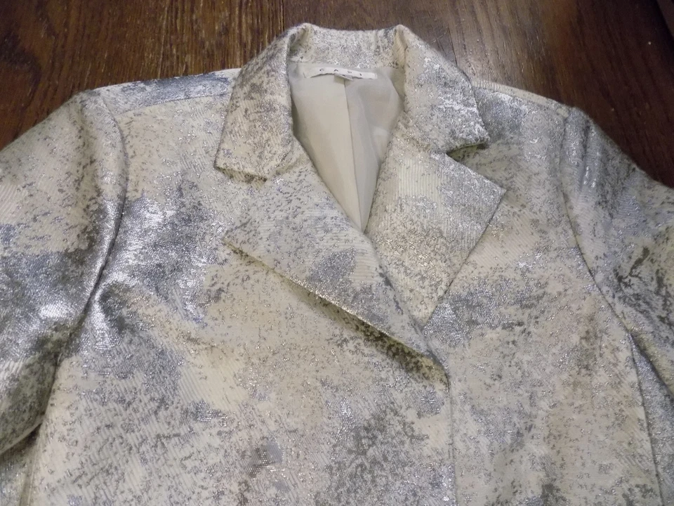 CAbi Shiny blazer jacket glam Sparkle Silver Metallic Cream Neutrals sz 4 EUC — 第 2/4 张图片