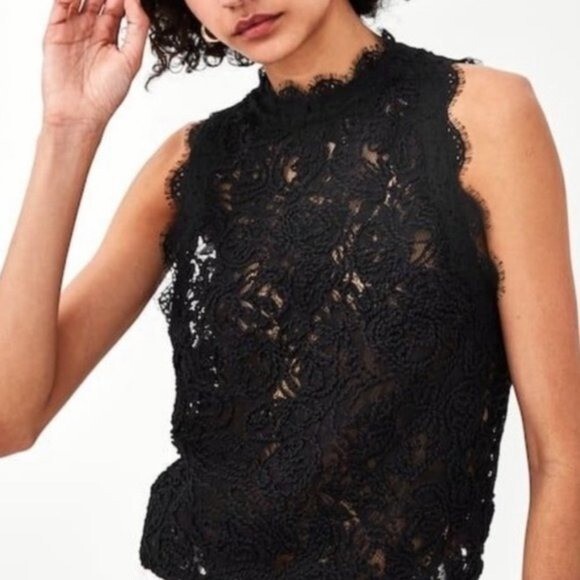 Zara Black Textured Lace Mock Neck Zip Back Tank Top S | eBay