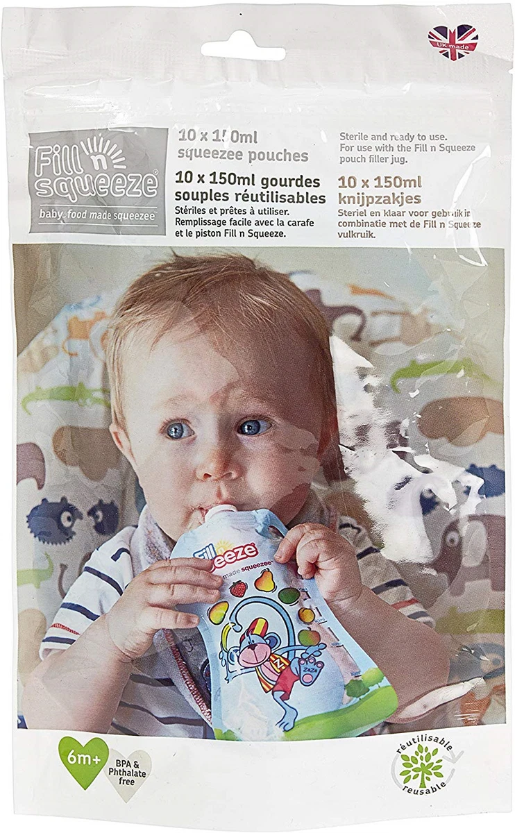 Fill and outlet squeeze pouches
