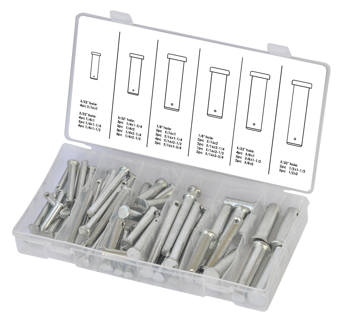 60pc Clevis Pin Assortment 21 Different Sizes in Storage Case Kit