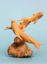 Wooden Hand-Carved 3 Dolphins Statue, Tropical Nautical Coastal Dolphin Figurine
