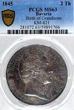 German State Bavaria 1845 2 Taler Coin Thaler PCGS MS 63 F.STG UNC TWO GRANDSONS