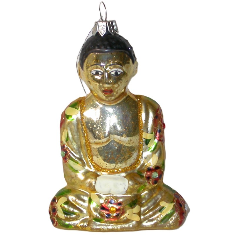 Golden Zen BUDDHA Blown Glass Christmas Ornament Handpainted Glitter Rhinestones