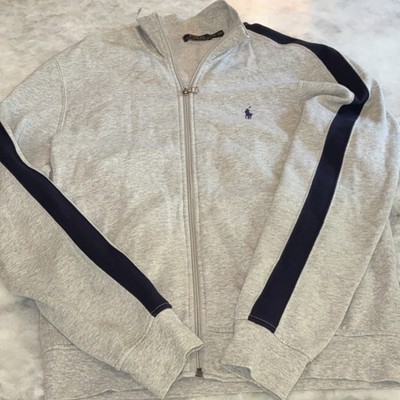 Polo Ralph Lauren Full Zip Fleece Sweatshirt Gray Navy Stripe Logo Men's M