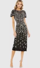 Mac Duggal 5727 Sz 8 Black Gold Beaded Flutter Sleeves Midi Gown $498