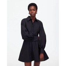 Madewell Jet Black Seamed Long-Sleeve Mini Shirtdress in Poplin Size 4 NWT
