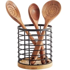 Utensil holder for Kitchen Counter - 5.2"X5.2"X6"Large Round with Wooden Base