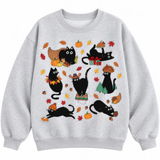 Black Cat Fall Sweatshirt, Cute Autumn Pumpkin Thanksgiving Graphic Crewneck