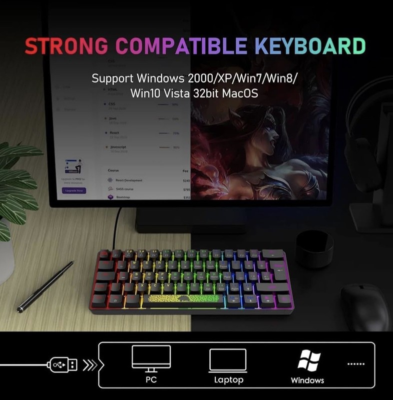 K61 60% Wired Gaming Keyboard Portable RGB Mechanical Feel PC Windows 10 11 Mac