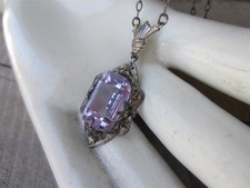 Antique Art Deco Lavender Paste Rhinestone or Amethyst Filigree Pendant Necklace