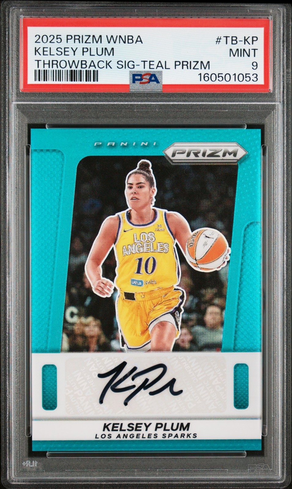 2025 PANINI PRIZM WNBA THROWBACK SIG TEAL PRIZM KELSEY PLUM 24/35 PSA 9 AUTO view 1