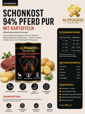Alphadog Nutrition Premium Sensitiv 94% Pferd mit Kartoffeln - Schonkost