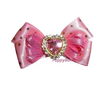 Puppy Bows ~ dog hair grooming bow pink gold dots rhinestone heart pet bows