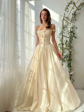  White Off Shoulder Wedding Dress Sleeveless Satin A-Line Court Train Bride Gown