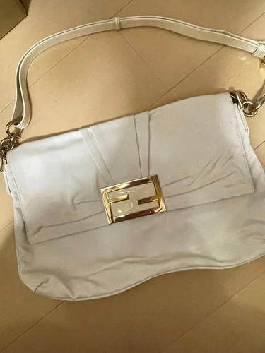 FENDI Leather Flap Shoulder Bag White Used