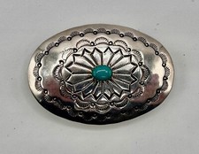 Navajo Sterling Silver Belt Handmade Oval Tooled Sunflower Leather Black
