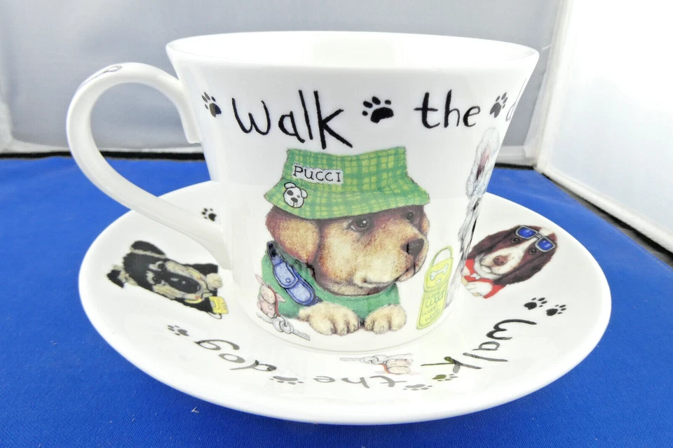 PLATILLO TAZA DESAYUNO PASEO PERRO, porcelana de hueso fino, hecho en Inglaterra por ROY KIRKHAM Foto 4 de 4