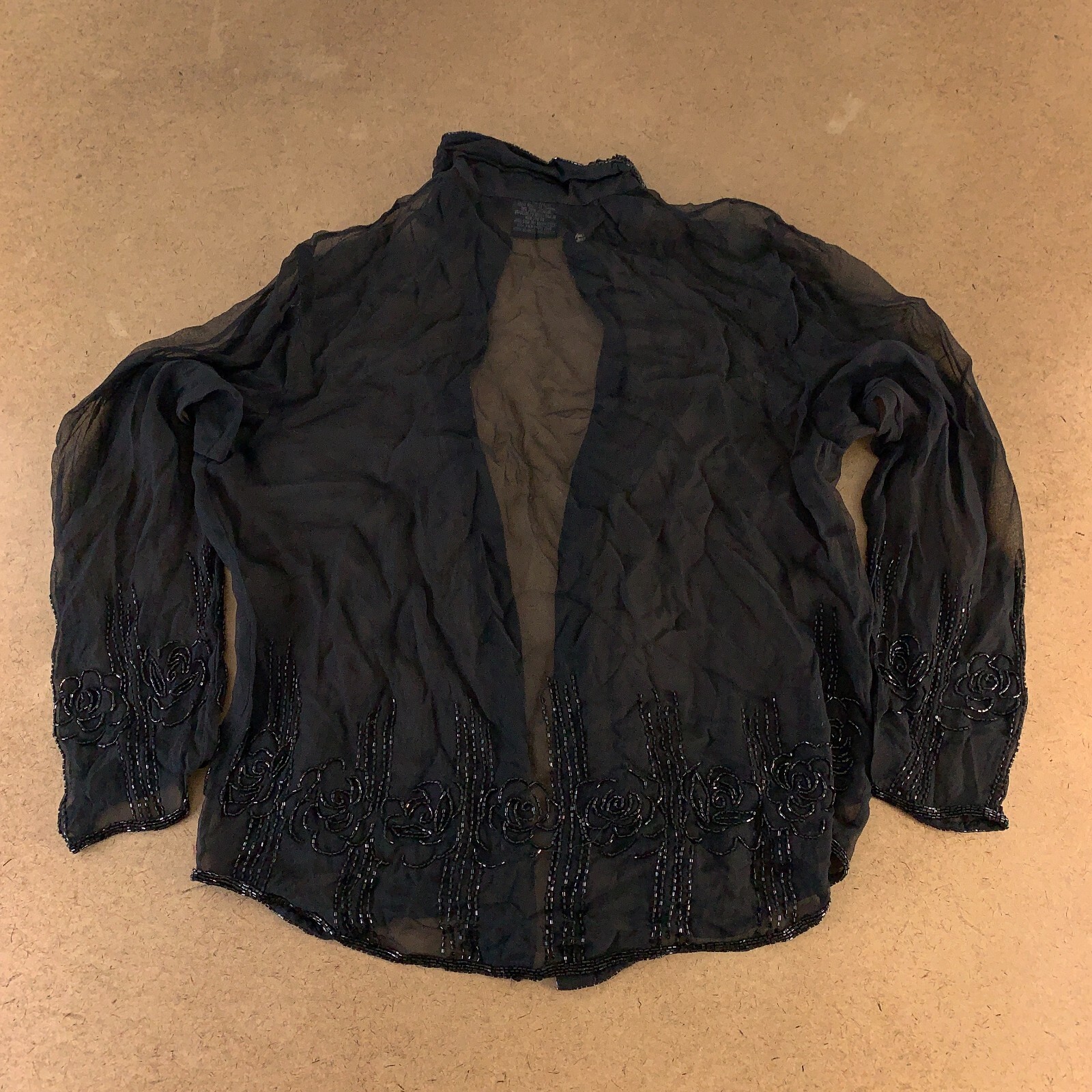 Mark & John Women's Medium Black Sheer Silk Beaded Trim Long Sleeve Blouse