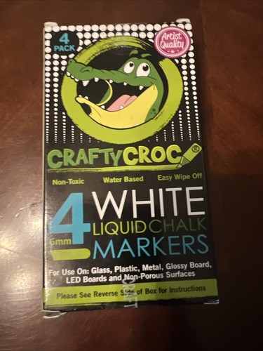 CraftyCroc 4 White Liquid Chalk Markers for Blackboard - Glass Plastic Metal - Picture 4 of 4