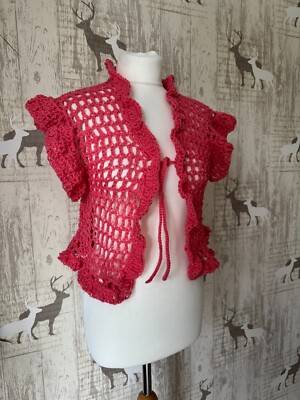 Vintage Handarbeit gehäkelt Achselzucken rosa offen Strick Bolero Festival Boho Hippie S