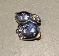 Silver & Gold Tone Easter Bunny Rabbit Pendant Brooch Pin Gem Vintage