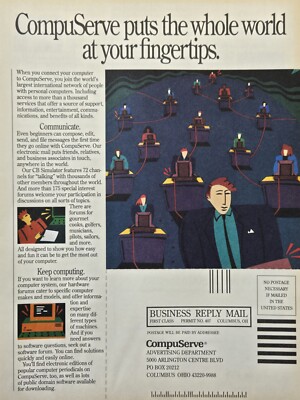 Compuserve Columbus OH 72 Channels 175 Forums News Finance Vintage Print Ad 1991