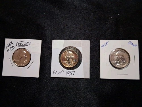 1956 1957 & 1958 Washington Proof Quarters 90% Silver Very High Grade coins