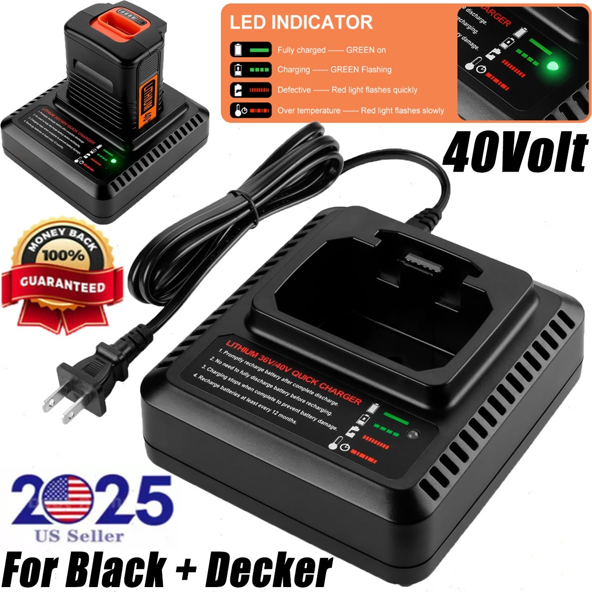40V 2.0Ah For Black and Decker 40V Lithium Battery LBXR36 LBX2040 or Charger USA