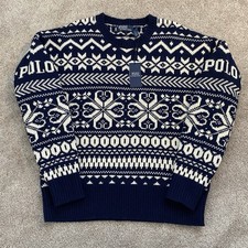Polo Ralph Lauren Snowflake Wool-Blend Chunky Knit Nordic Polo Sweater Large NEW