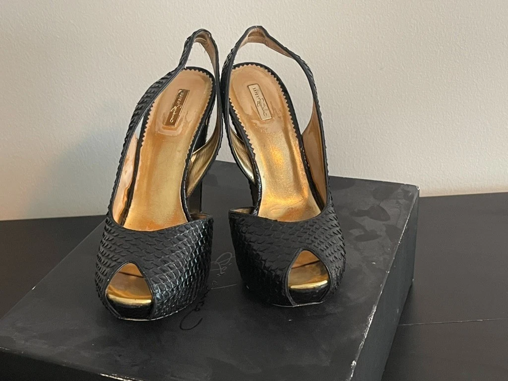 slim fit dress slacks SaintG Saint Lilly Gold Flower Embellished Black Leather Block Heel 41 / Black main image 0